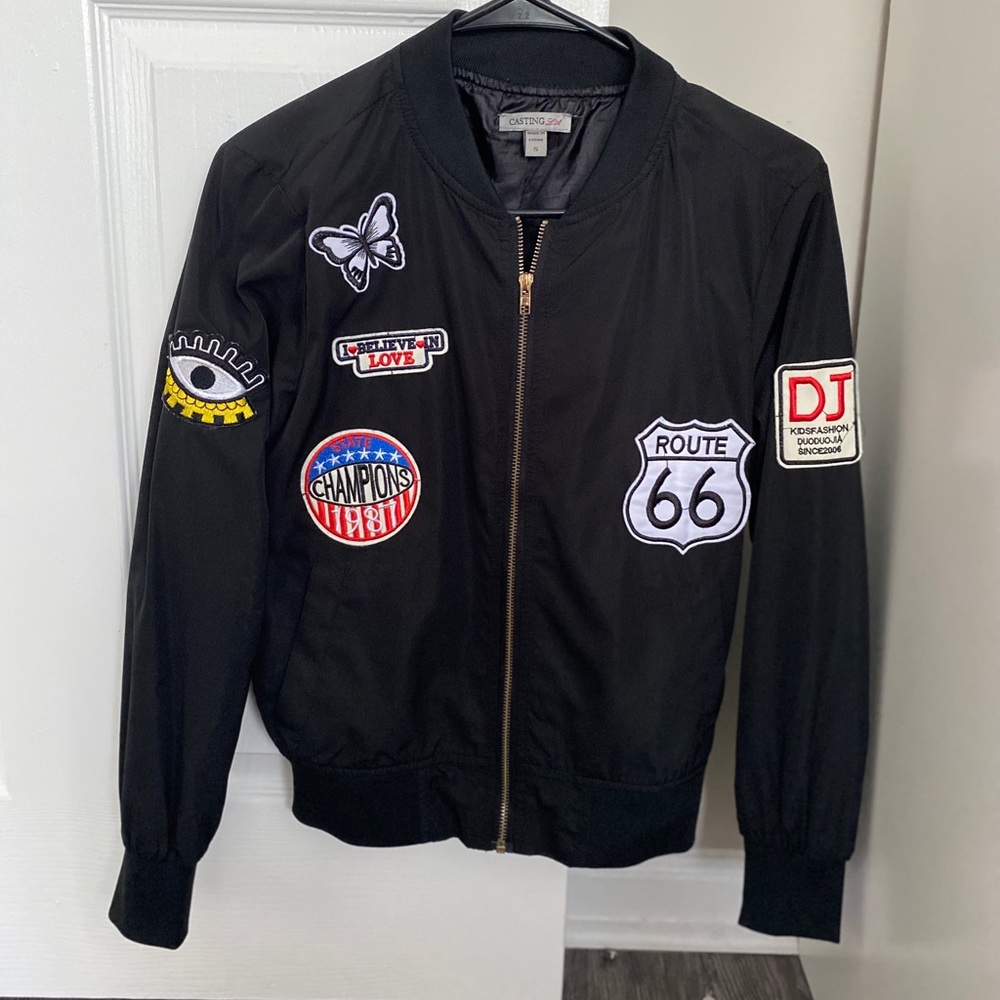 Black Thin Bomber Jacket with Patches
